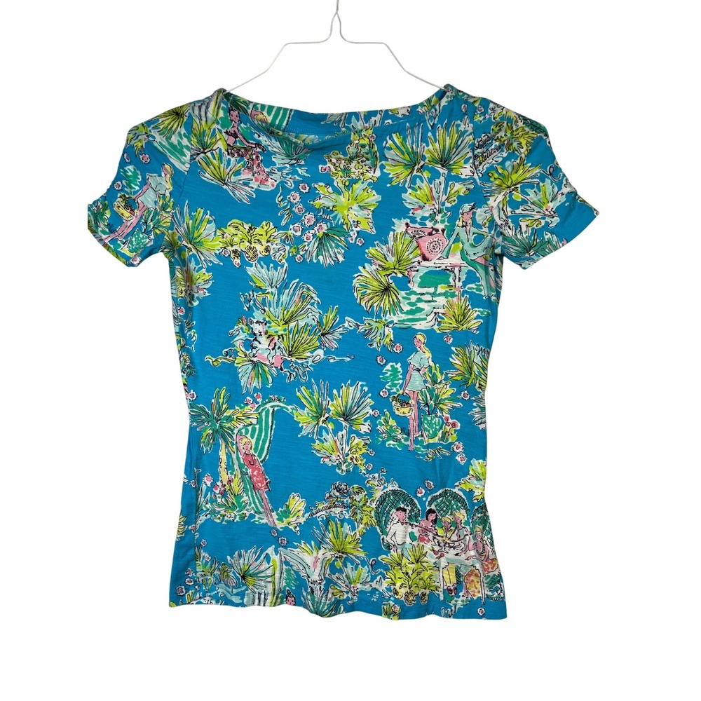 Lilly Pulitzer T-Shirt Womens Small Blue Excellent Jungle Glam Tropical Cotton